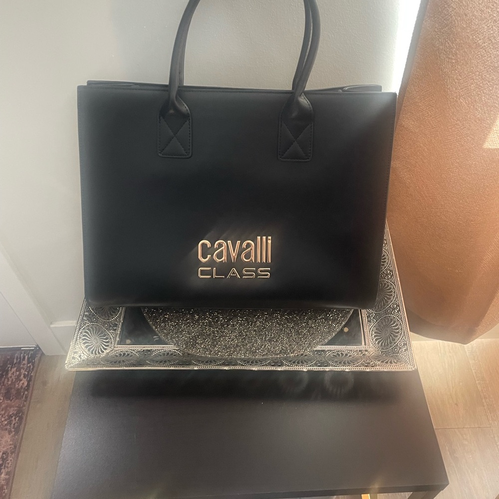 Cavalli Class Black Structured Leather Tote